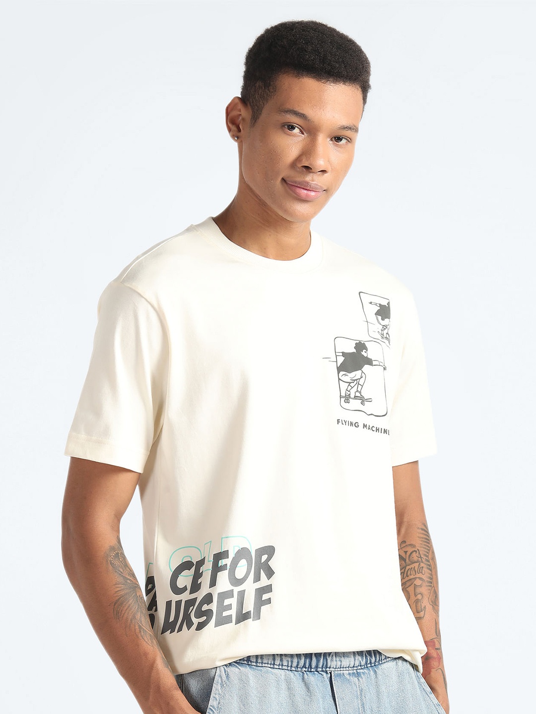 

Flying Machine Graphic Printed Pure Cotton Oversized T-shirt, White