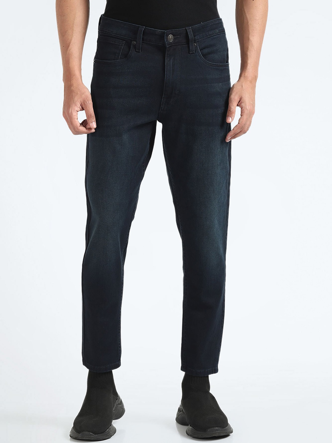

Flying Machine Men Tapered Fit High-Rise Light Fade Cropped Stretchable Jeans, Blue