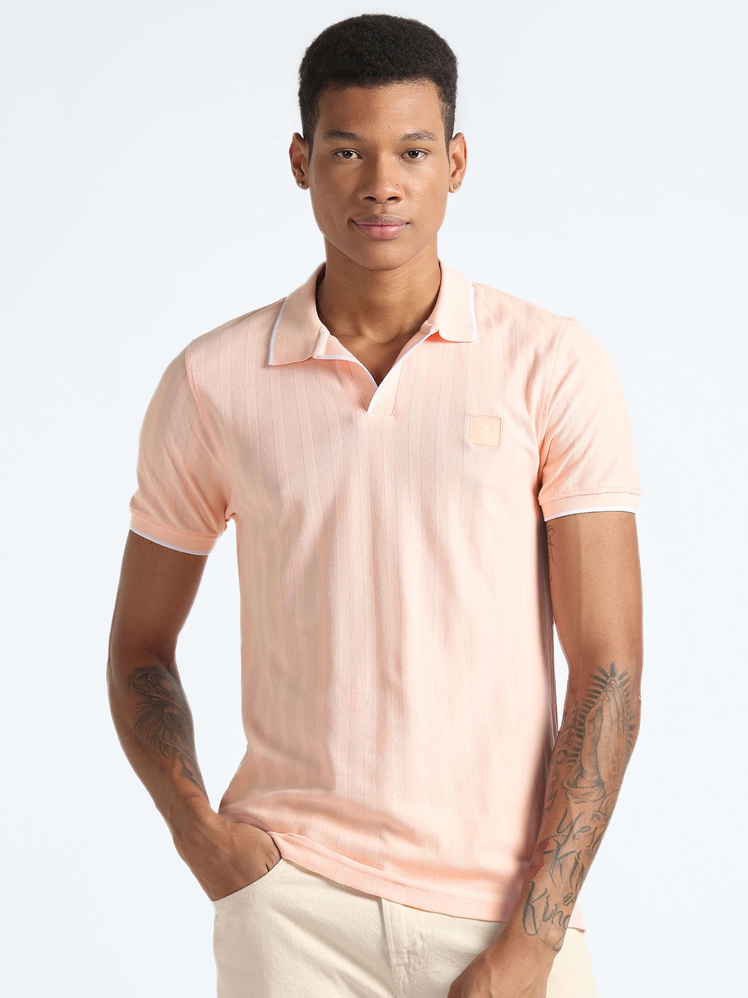 

Flying Machine Striped Polo Collar Pure Cotton T-shirt, Pink