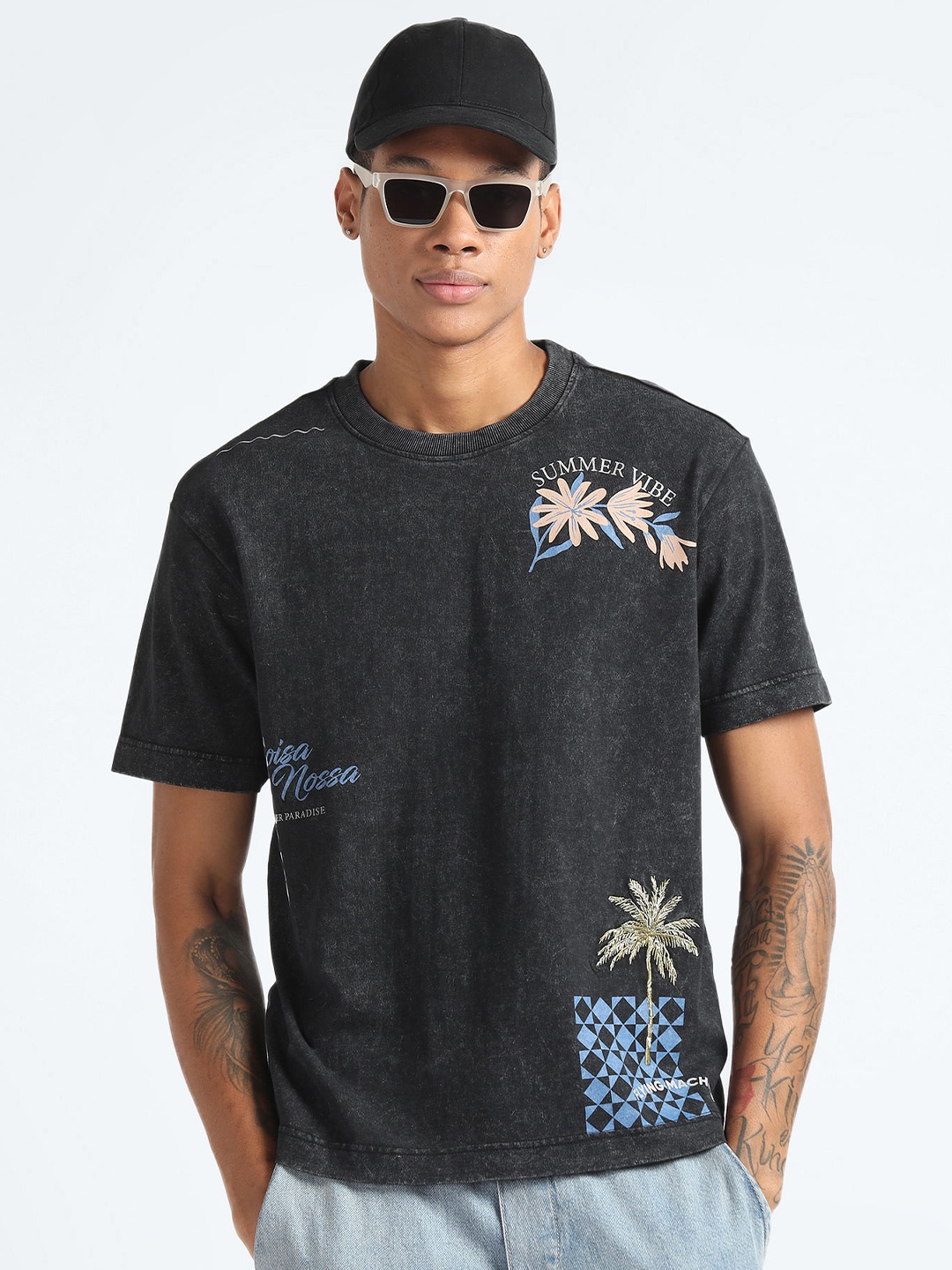

Flying Machine Graphic Printed Pure Cotton Oversized T-shirt, Black