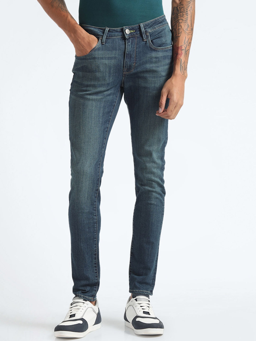 

Flying Machine Men Super Skinny Fit Low-Rise Clean Look Cropped Stretchable Jeans, Blue