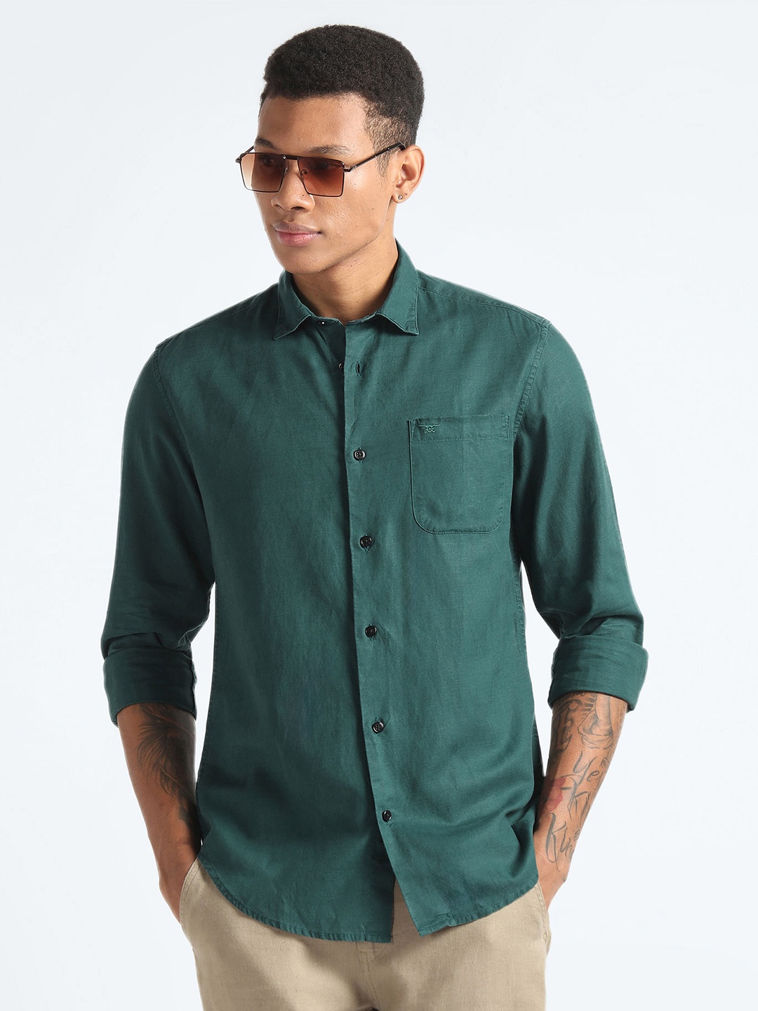 

Flying Machine Slim Fit Spread Collar Casual Shirt, Green