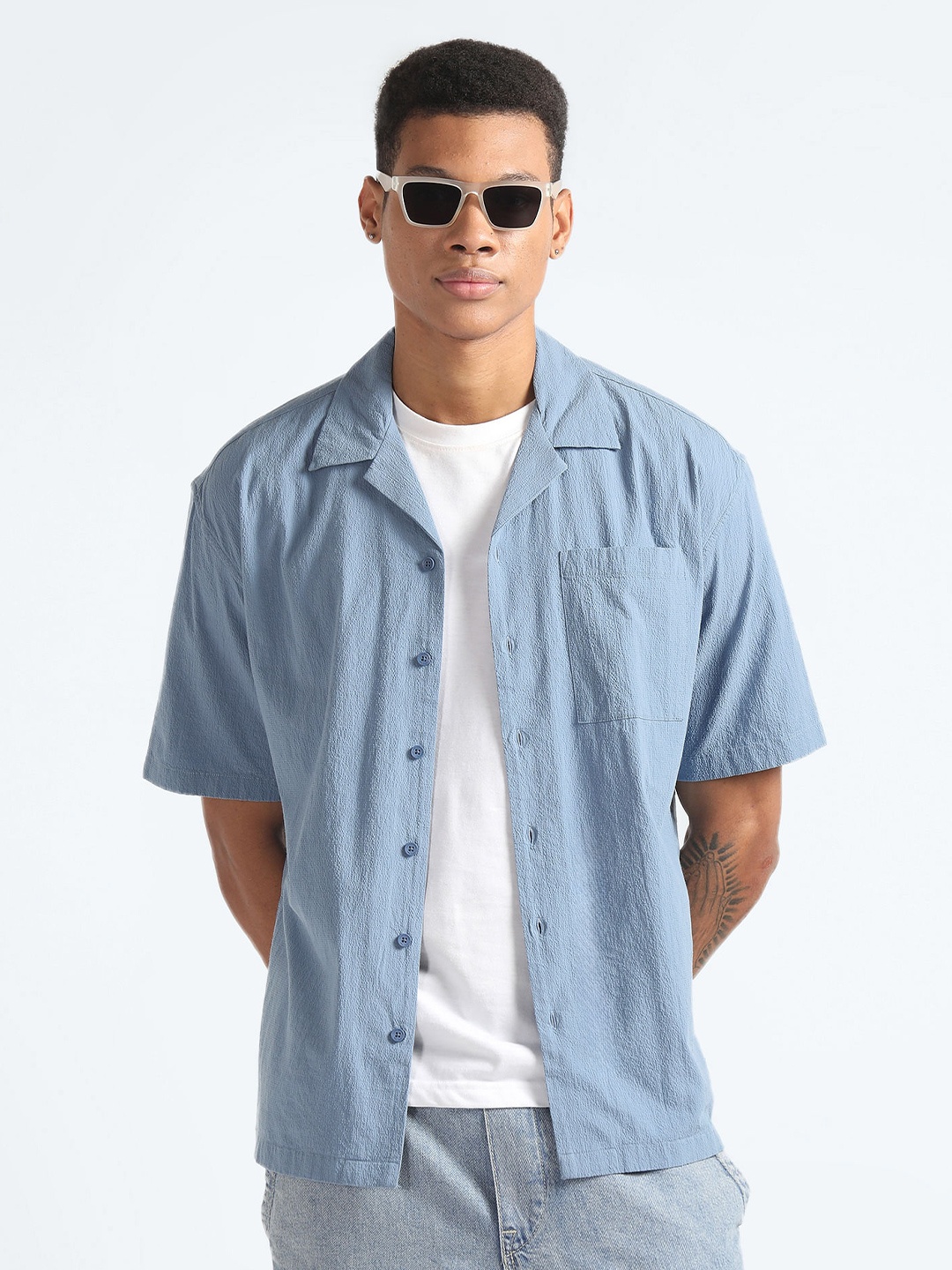 

Flying Machine Cuban Collar Oversized Casual Shirt, Blue