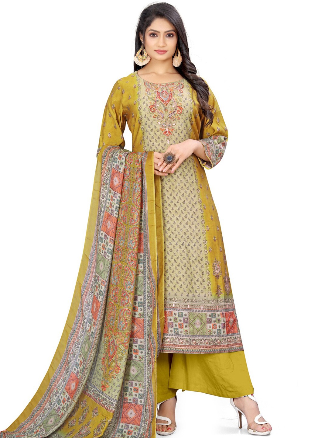 

Stylee LIFESTYLE Ethnic Motifs Printed Pure Silk Unstitched Dress Material, Mustard