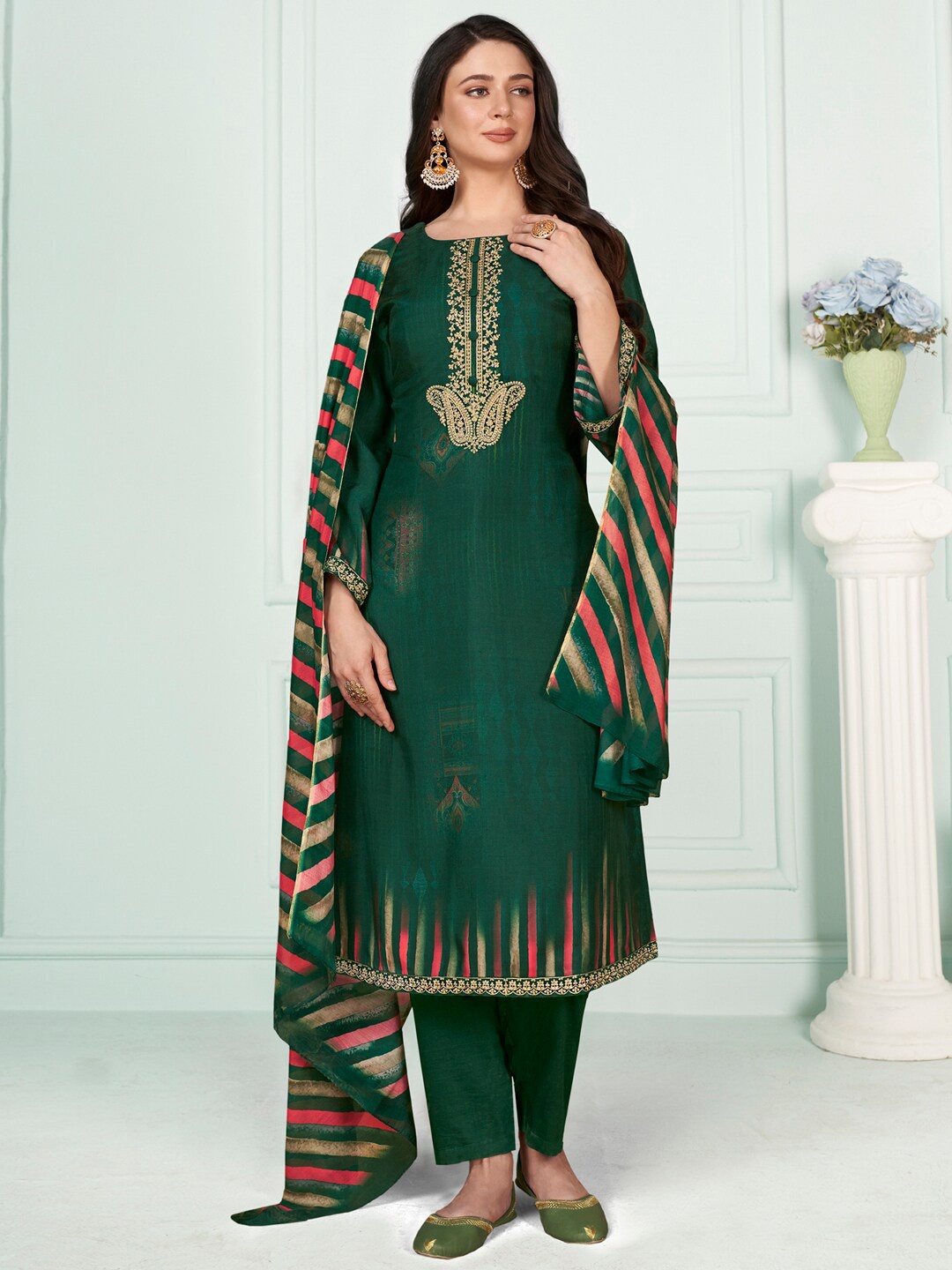 

Stylee LIFESTYLE Embroidered Pure Silk Unstitched Dress Material, Green