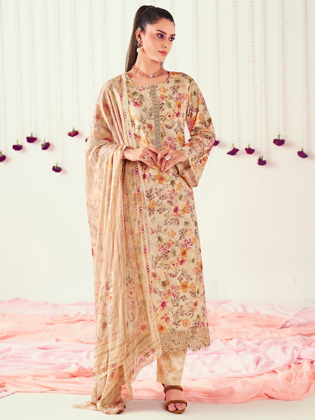 

Stylee LIFESTYLE Embroidered Pure Cotton Unstitched Dress Material, Beige