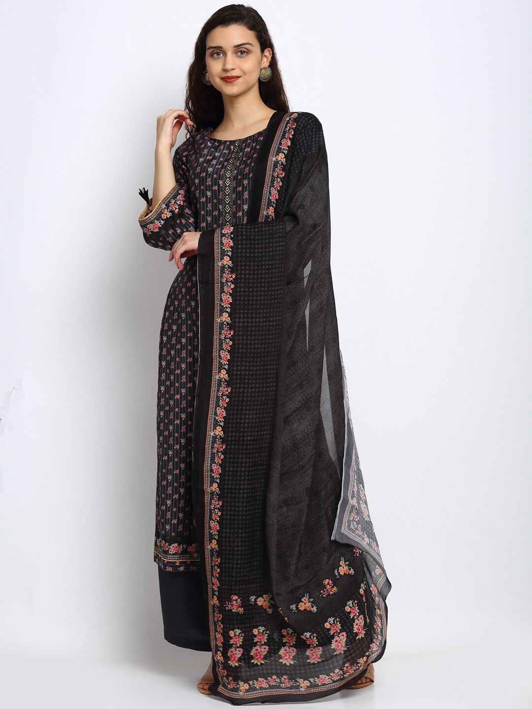 

Stylee LIFESTYLE Printed Art Silk Unstitched Dress Material, Black