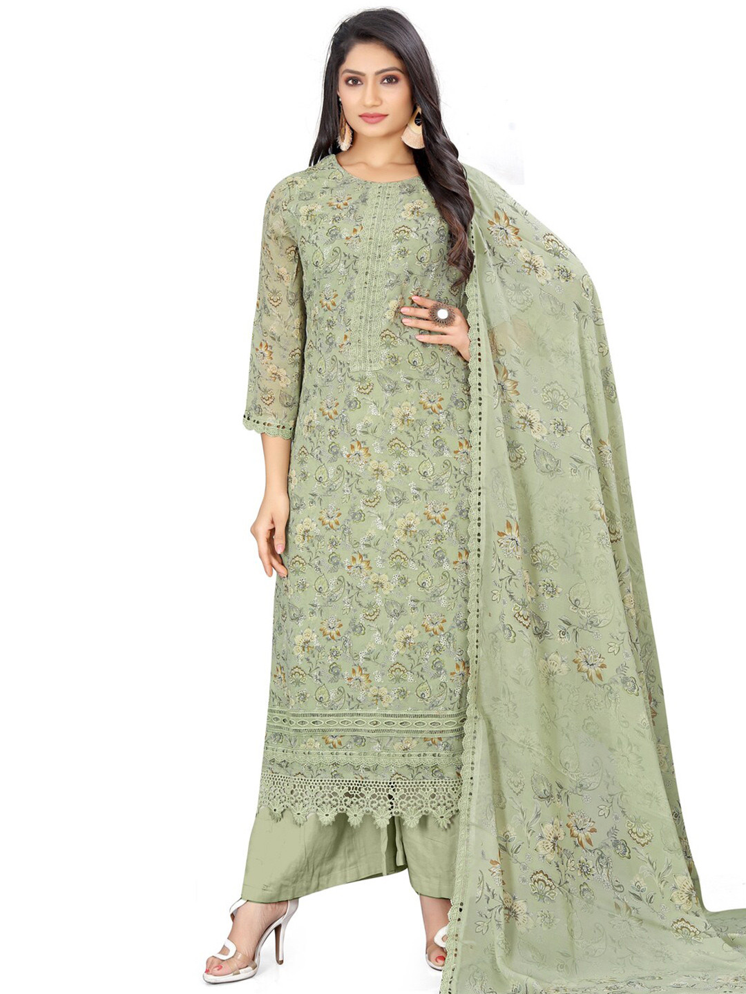 

Stylee LIFESTYLE Floral Printed Sequinned Unstitched Dress Material, Green