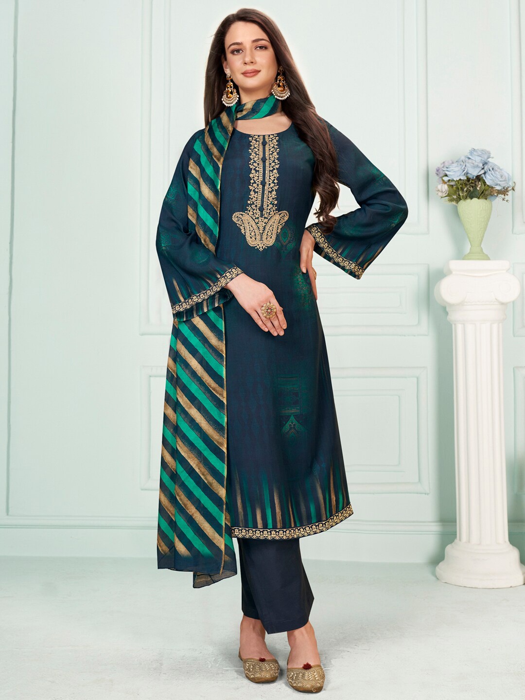 

Stylee LIFESTYLE Floral Embroidered Pure Silk Unstitched Dress Material, Navy blue
