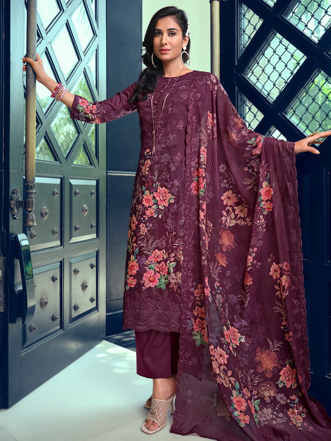 

Stylee LIFESTYLE Floral Embroidered Pure Silk Unstitched Dress Material, Purple