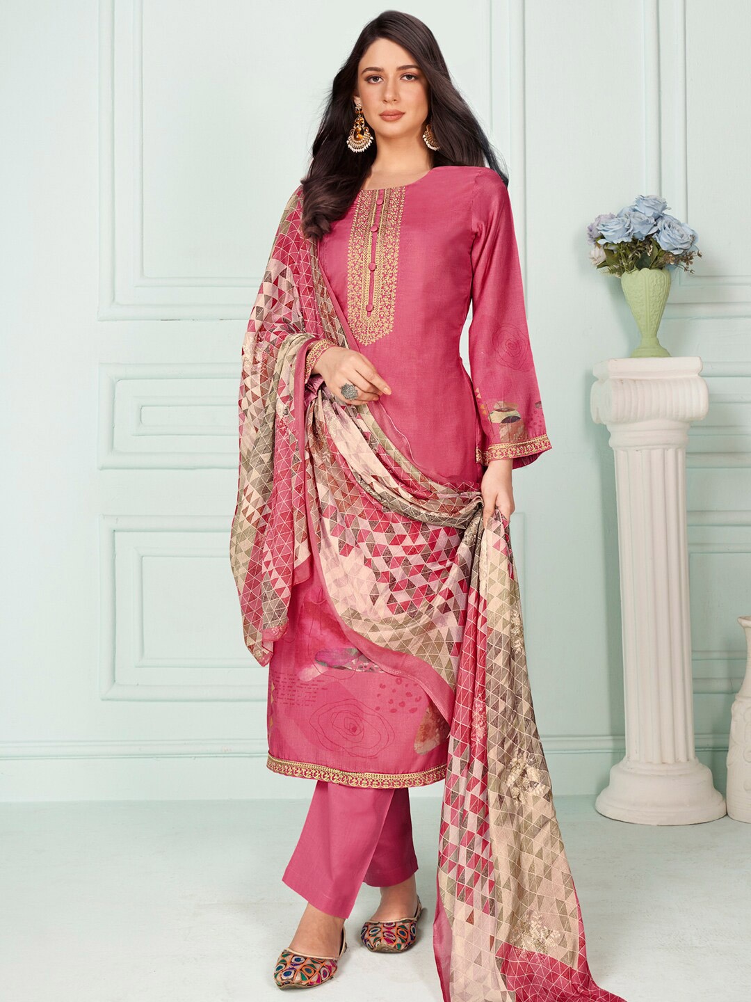 

Stylee LIFESTYLE Floral Embroidered Pure Silk Unstitched Dress Material, Pink