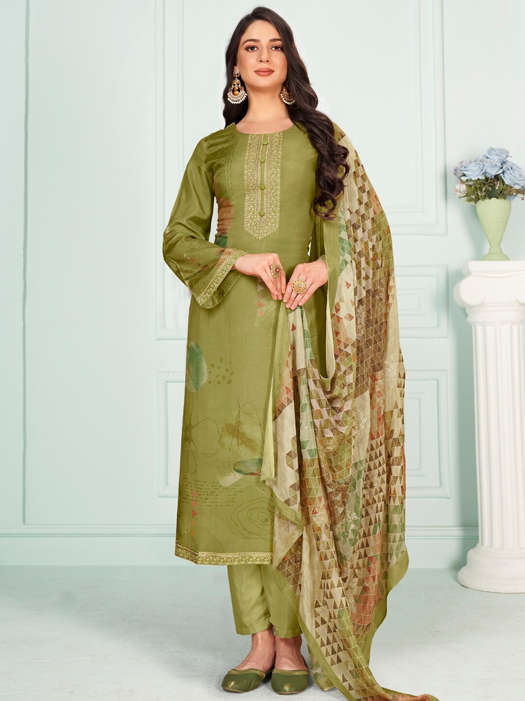 

Stylee LIFESTYLE Embroidered Pure Silk Unstitched Dress Material, Green