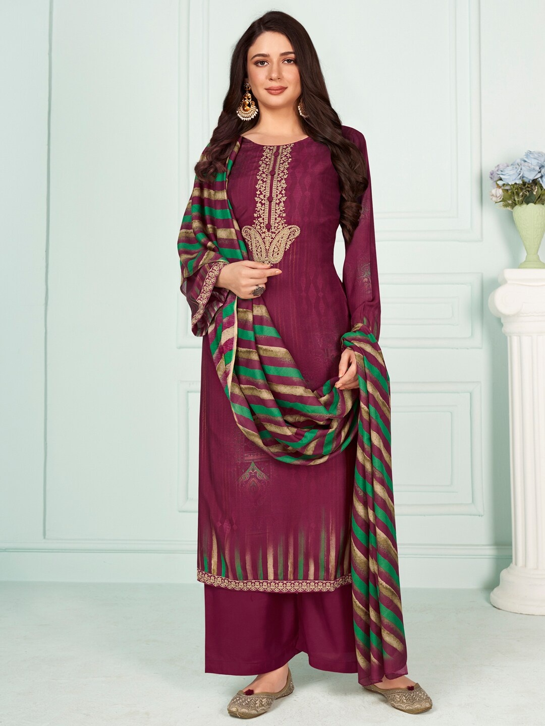 

Stylee LIFESTYLE Floral Embroidered Pure Silk Unstitched Dress Material, Burgundy