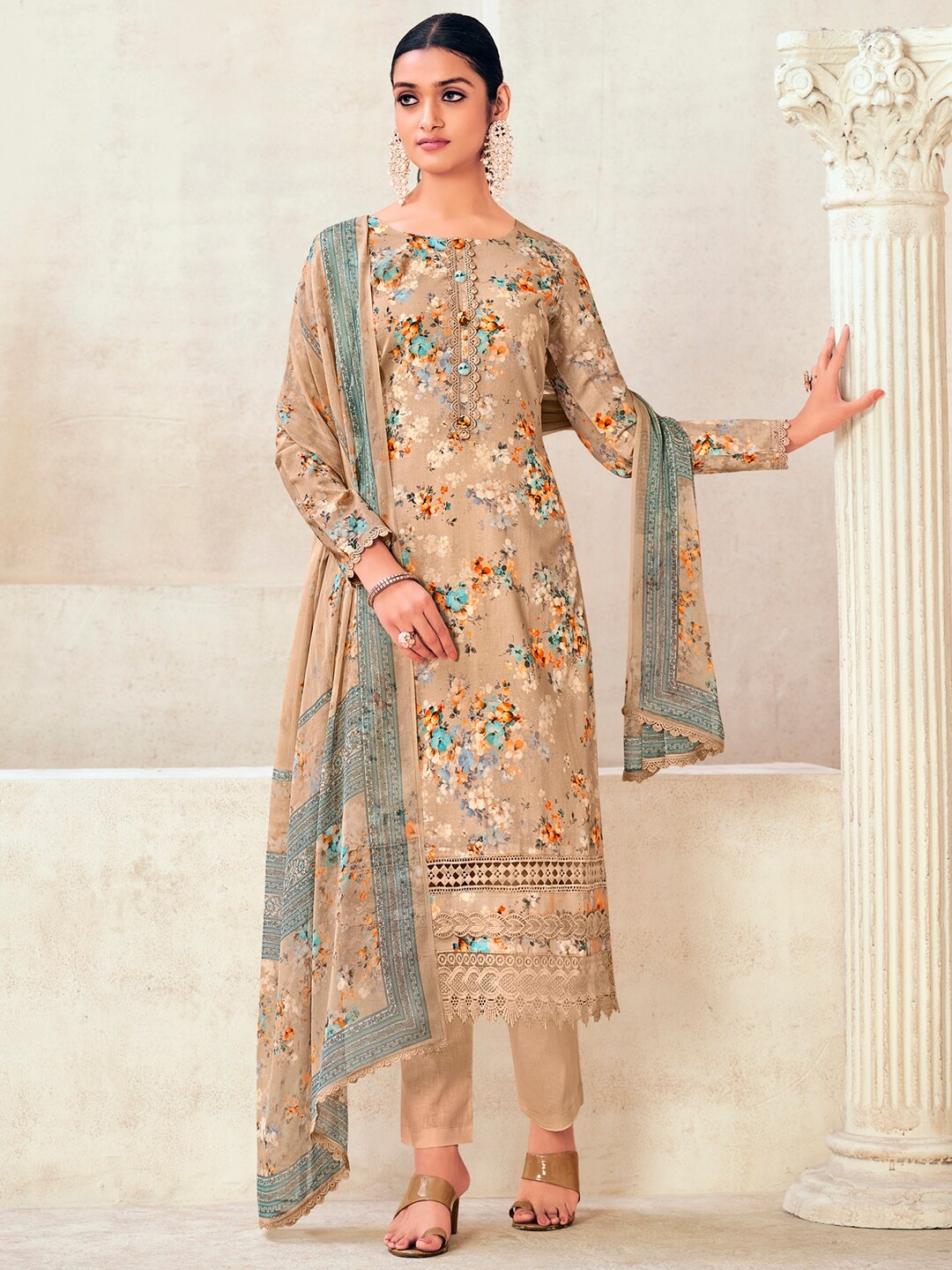 

Stylee LIFESTYLE Floral Printed Pure Cotton Unstitched Dress Material, Beige