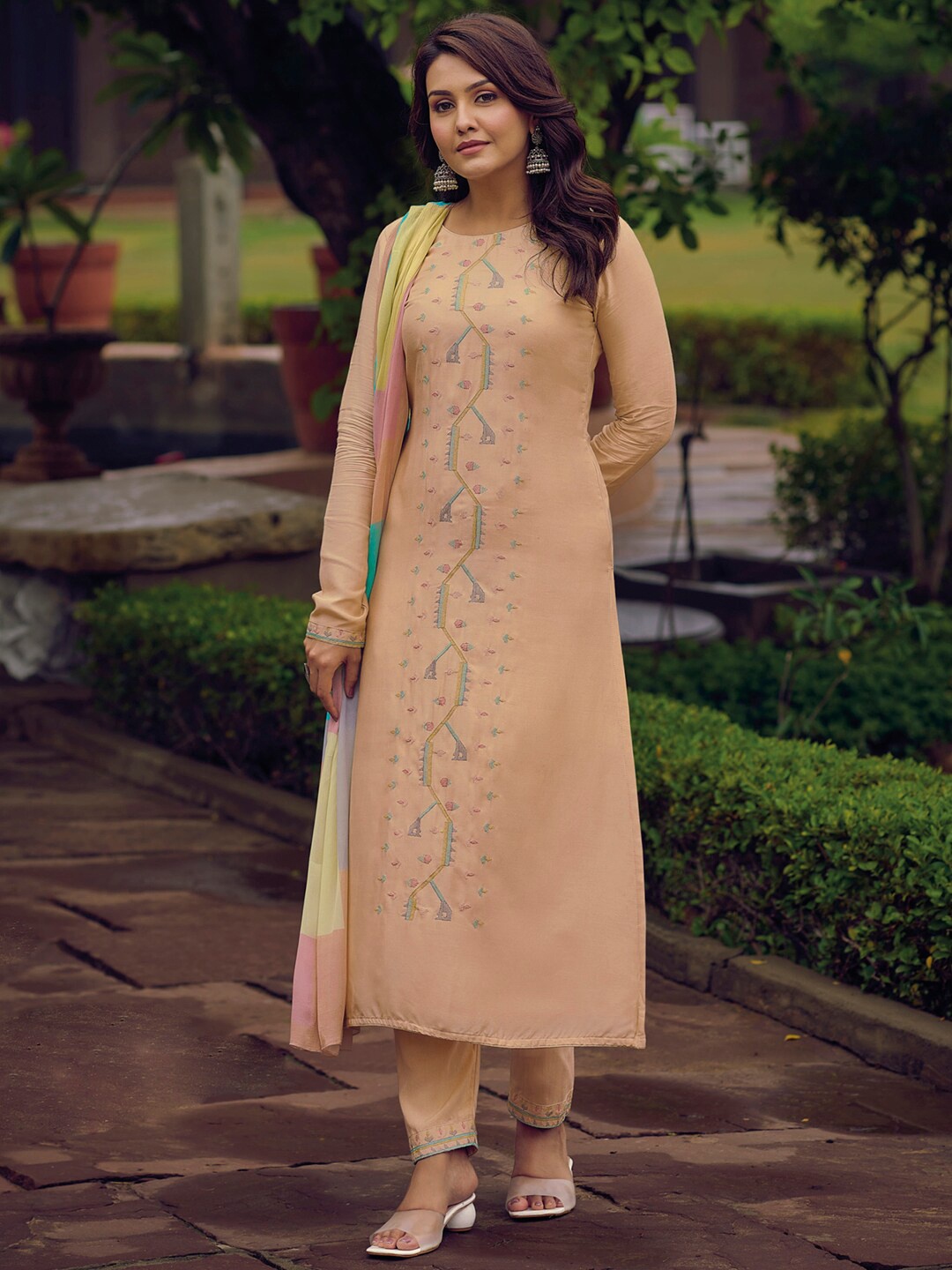 

Stylee LIFESTYLE Embroidered Pure Silk Unstitched Dress Material, Peach