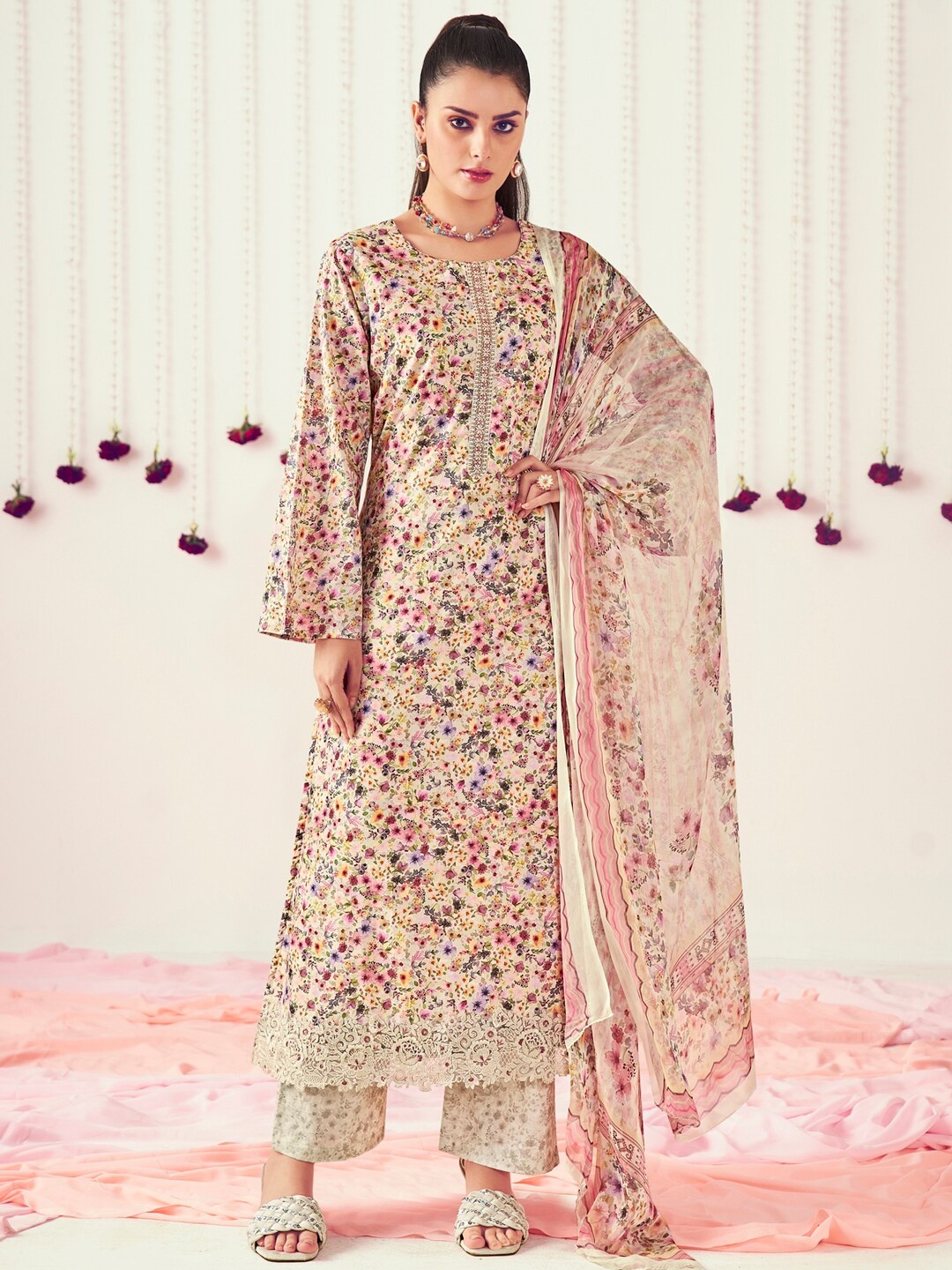 

Stylee LIFESTYLE Floral Printed Pure Cotton Unstitched Dress Material, Cream