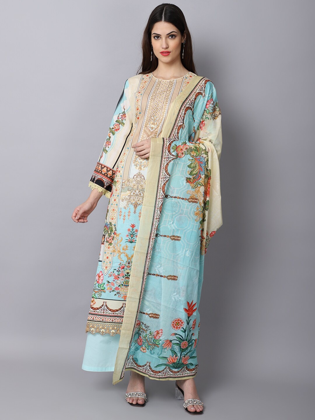 

Stylee LIFESTYLE Ethnic Motifs Printed Thread Work Unstitched Dress Material, Cream