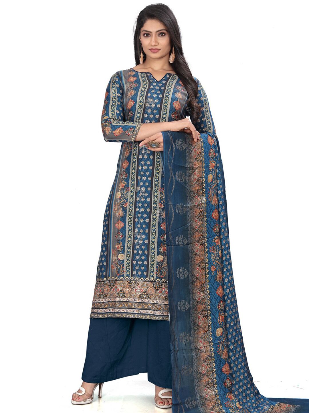 

Stylee LIFESTYLE Ethnic Motifs Printed Pure Silk Unstitched Dress Material, Navy blue