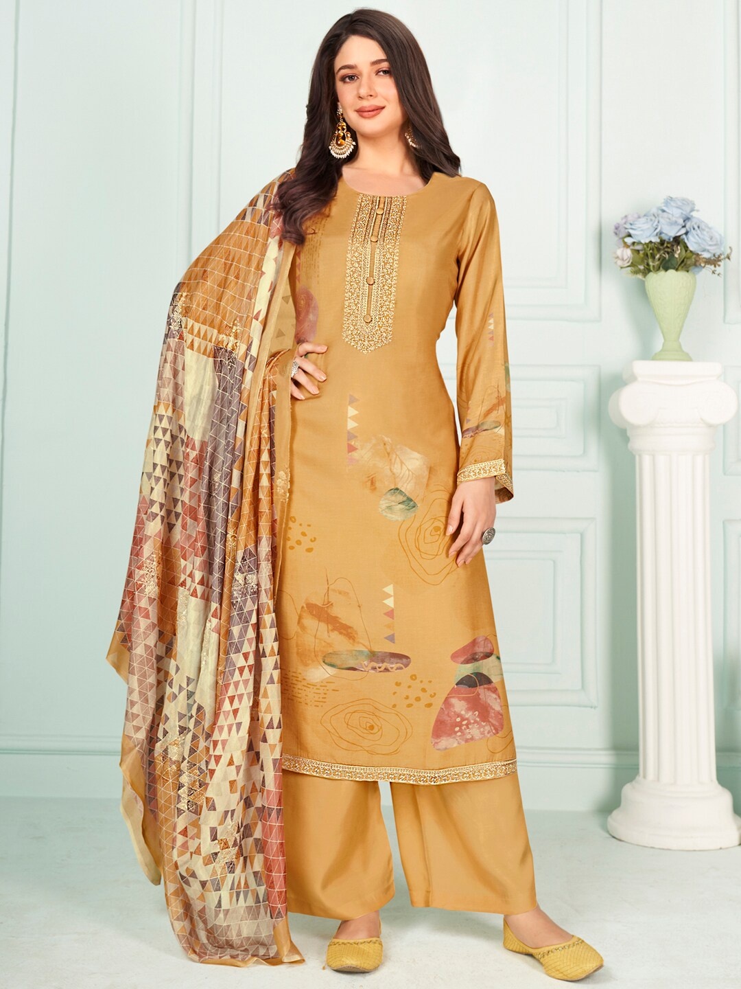 

Stylee LIFESTYLE Floral Printed Pure Silk Unstitched Dress Material, Mustard