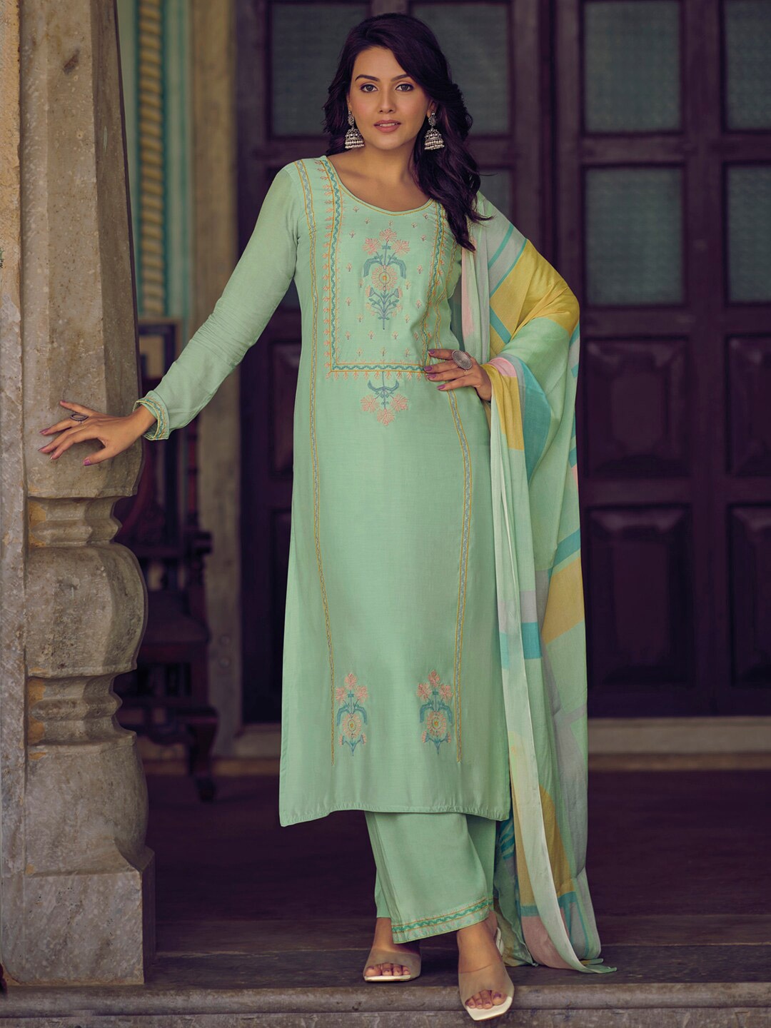 

Stylee LIFESTYLE Embroidered Pure Silk Unstitched Dress Material, Green