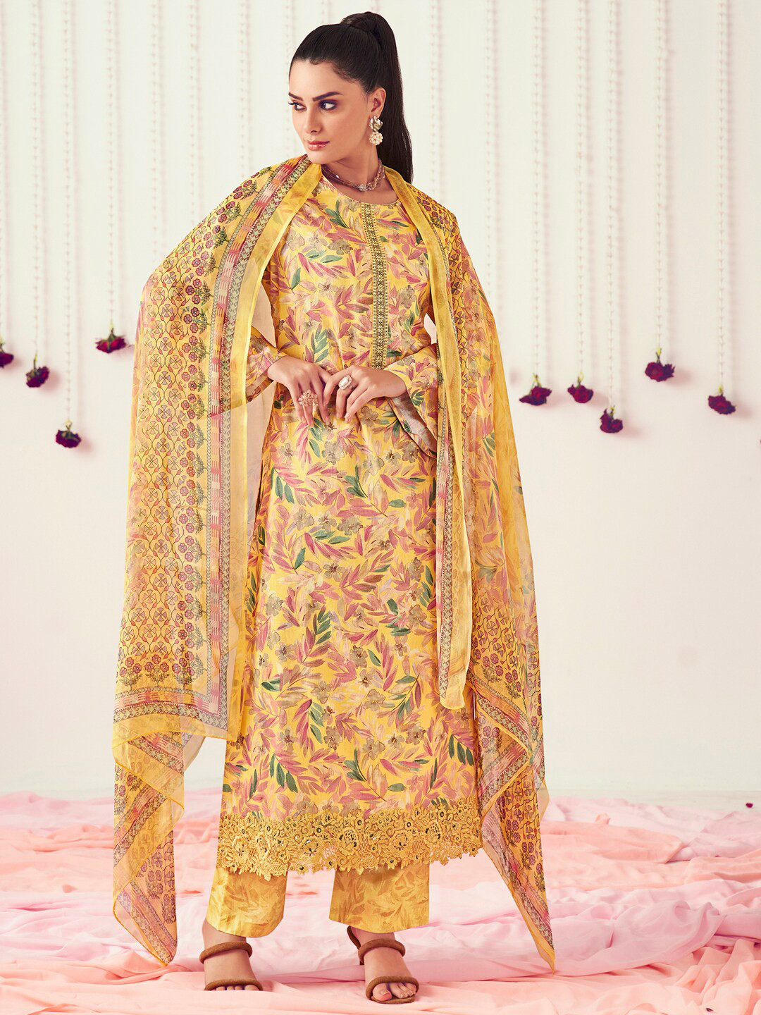 

Stylee LIFESTYLE Floral Printed Pure Cotton Unstitched Dress Material, Yellow