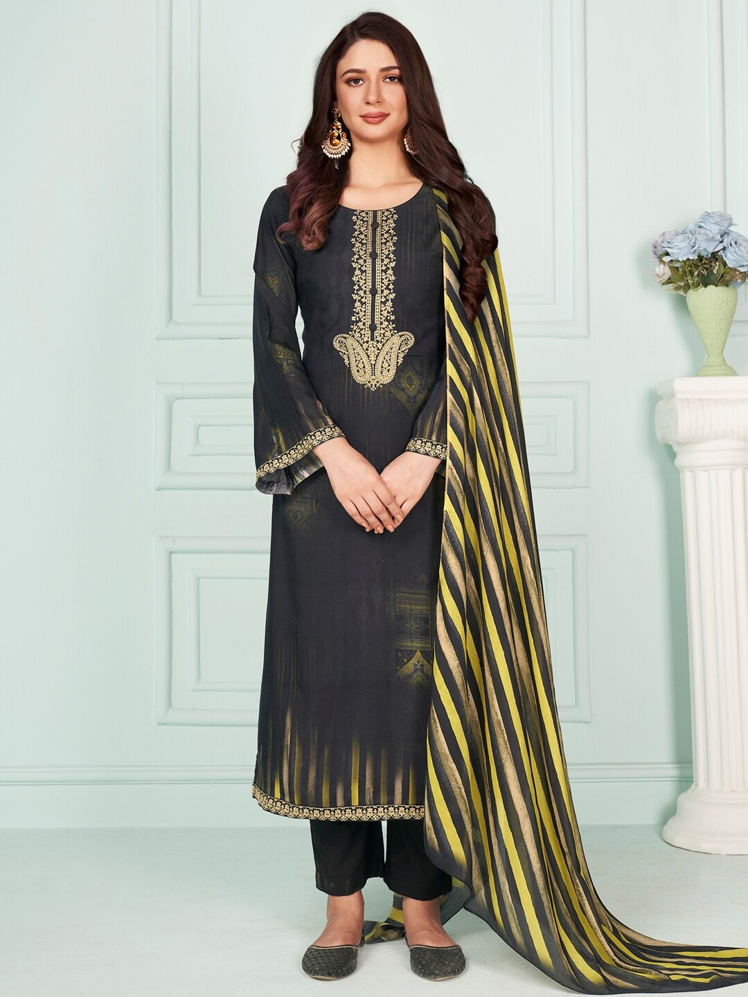 

Stylee LIFESTYLE Embroidered Pure Silk Unstitched Dress Material, Black