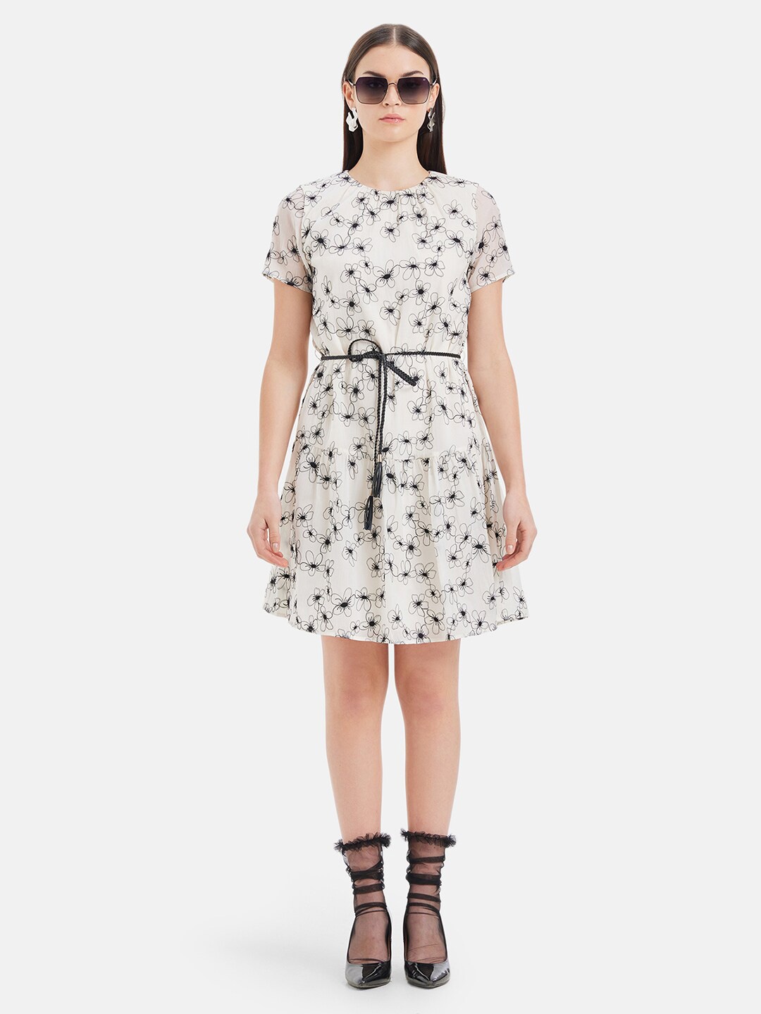 

Kazo Floral Print Satin Fit & Flare Dress With Belt, White