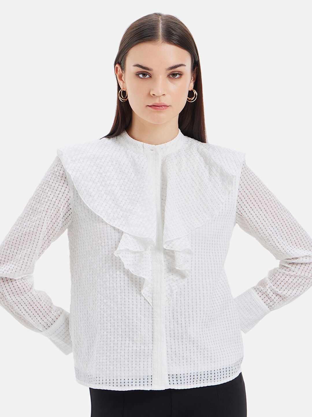 

Kazo Self Design Cuffed Sleeves Mandarin Collar Ruffled Net Shirt Style Top, White