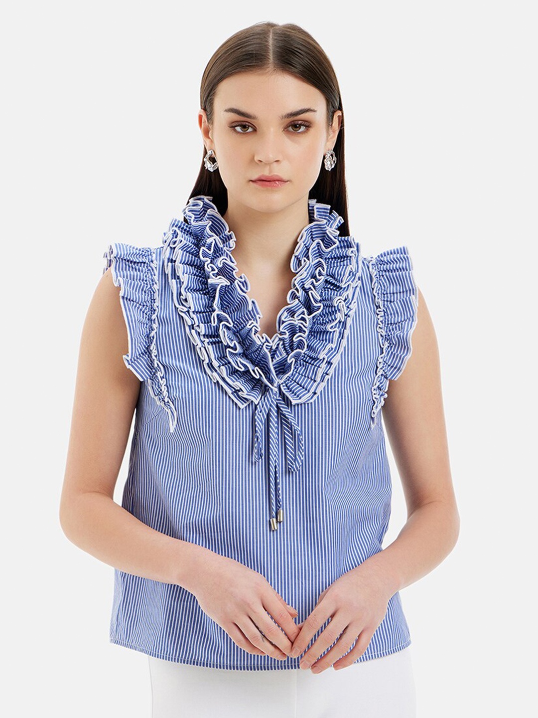 

Kazo Vertical Striped Ruffles Cotton Top, Blue