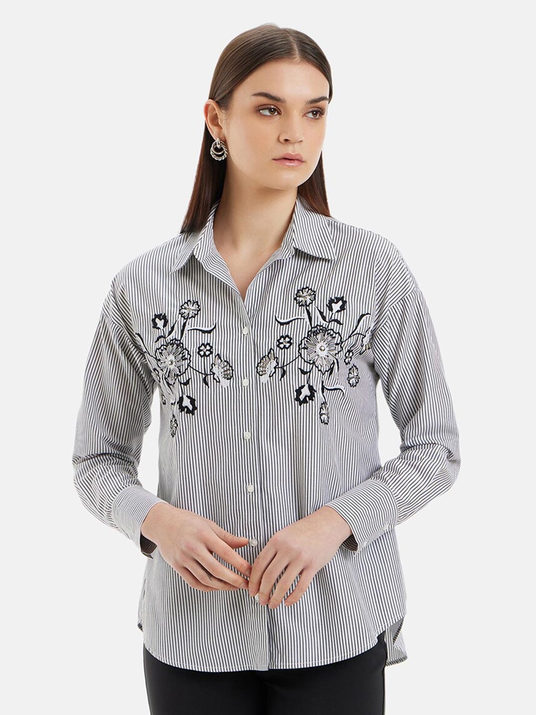 

Kazo Octavia Comfort Vertical Striped Embroidered Cotton Formal Shirt, Black
