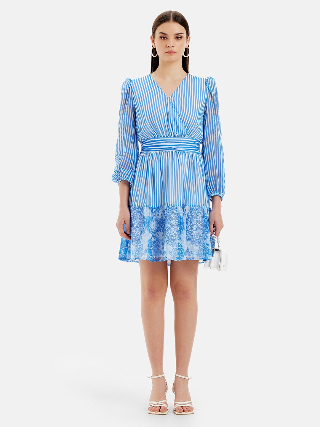 

Kazo Striped Puff Sleeve Satin Fit & Flare Dress, Blue