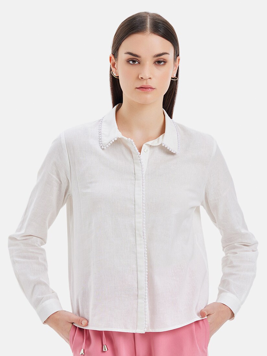 

Kazo Diana Comfort Spread Collar Embellished Linen Casual Shirt, White