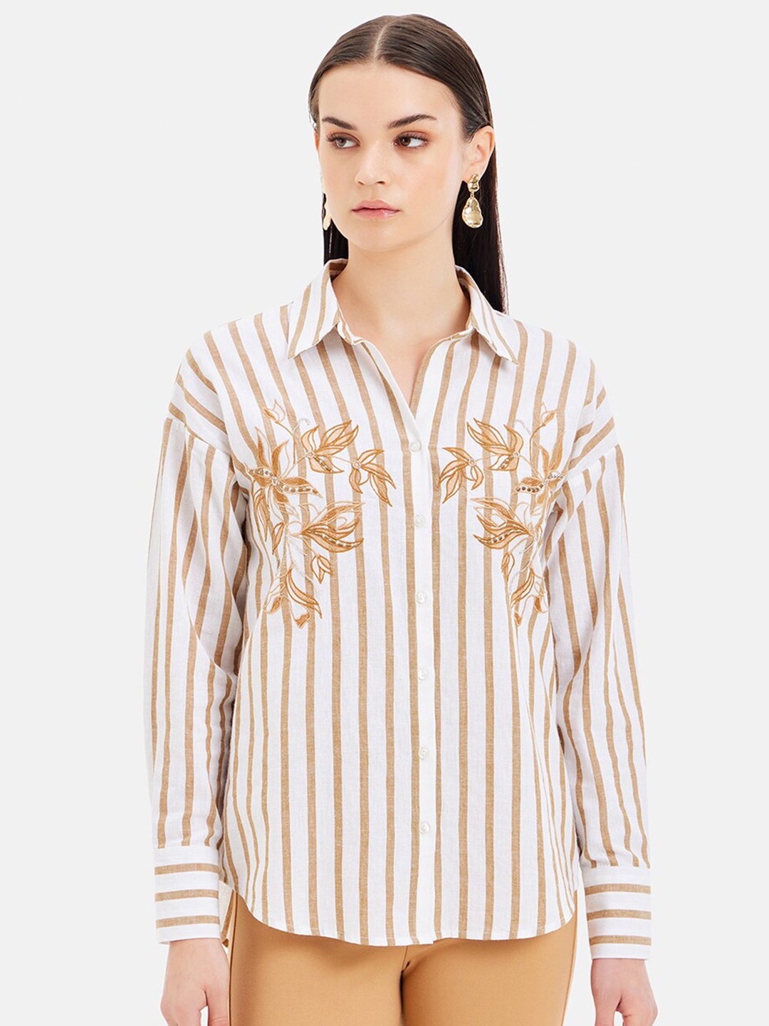 

Kazo Dakota Comfort Vertical Striped Embroidered Cotton Casual Shirt, Beige