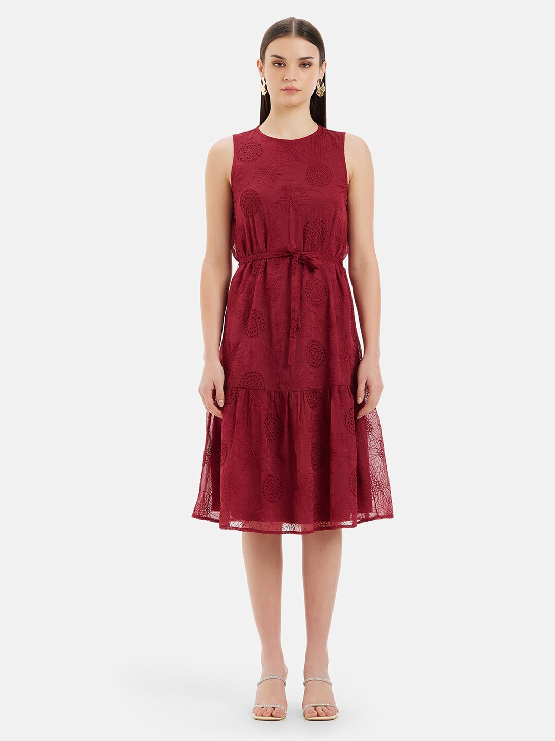 

Kazo Self Design Satin A-Line Dress, Maroon