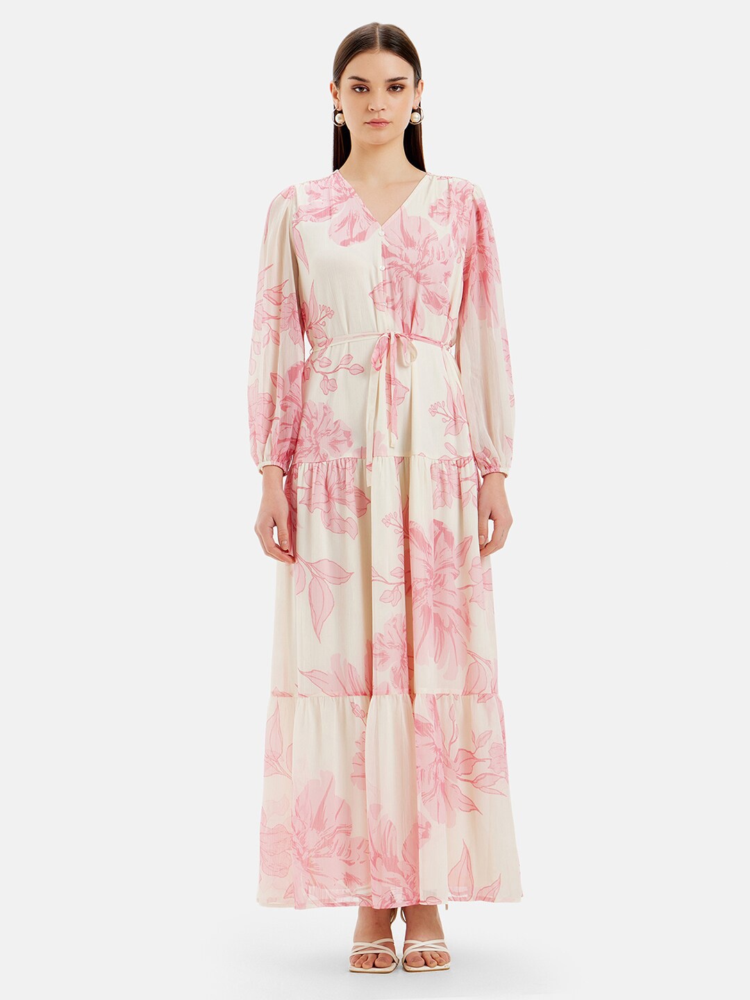 

Kazo Floral Printed Puff Sleeve Satin Maxi Dress, Pink