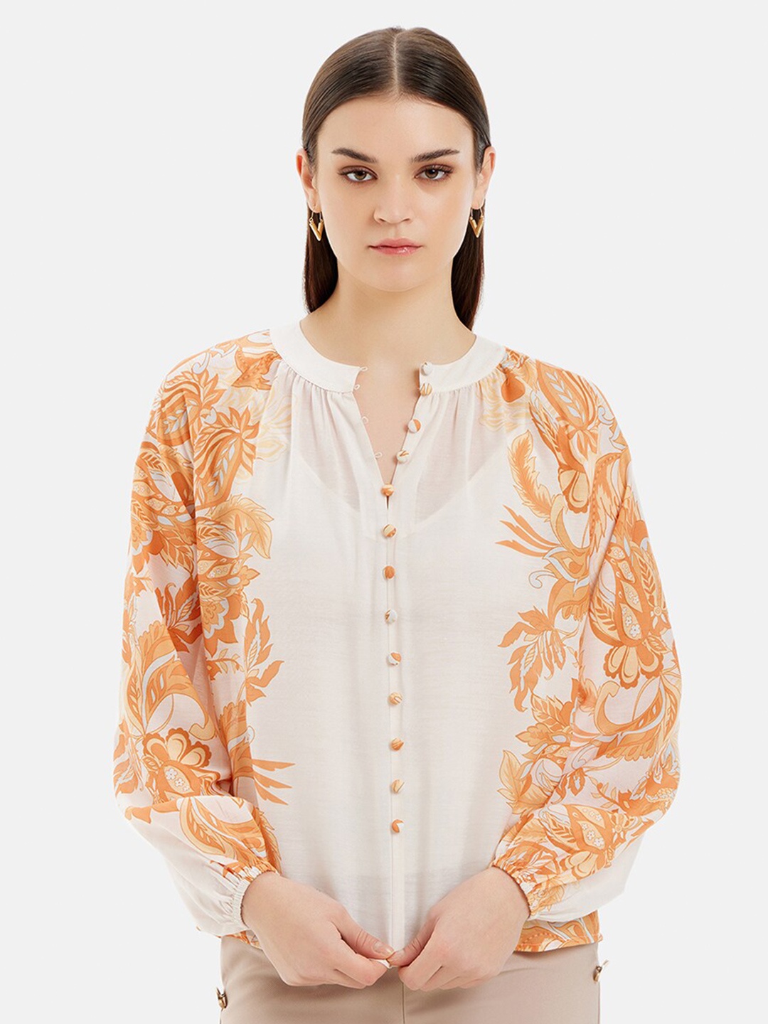 

Kazo Mandarin Collar Comfort Floral Printed Casual Shirt, Yellow