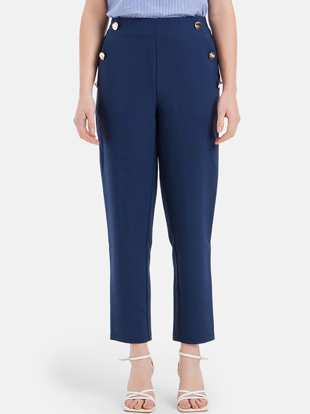 

Kazo Women Relaxed Tapered Fit High-Rise Easy Wash Trousers, Navy blue