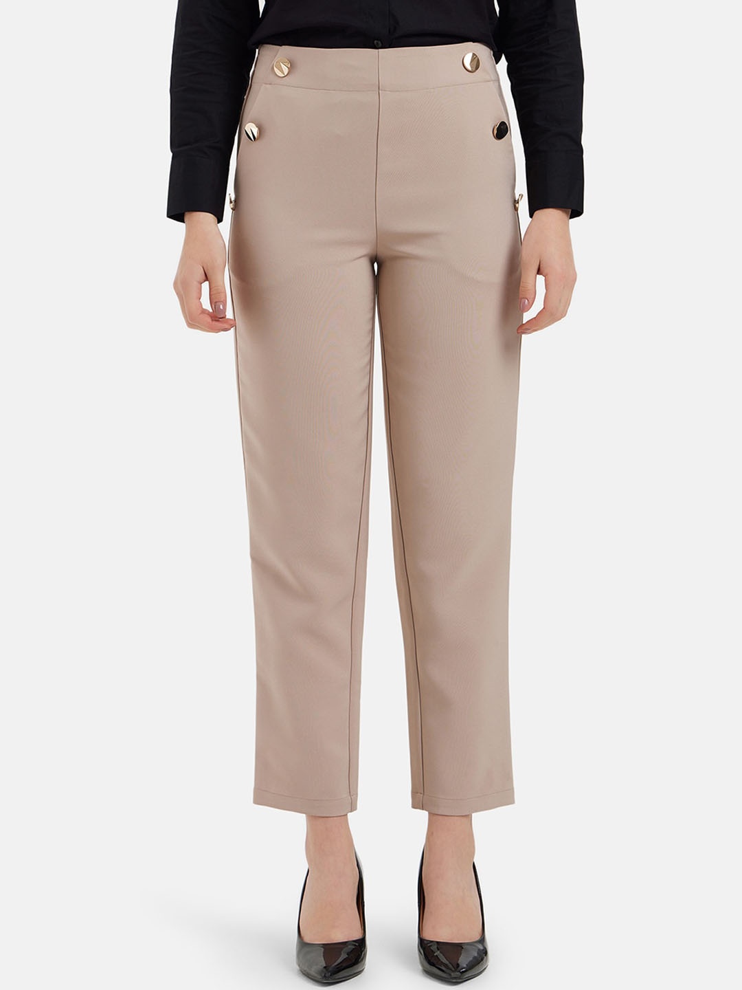 

Kazo Women Relaxed Tapered Fit High-Rise Easy Wash Formal Trousers, Beige