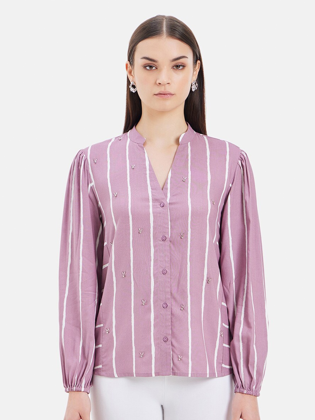 

Kazo Mandarin Collar Striped Embellished Casual Shirt, Mauve