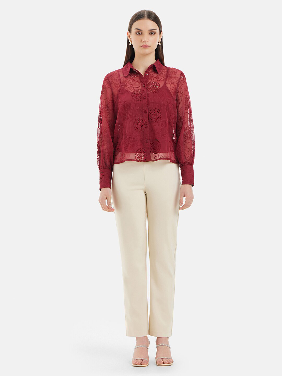 

Kazo Spread Collar Comfort Floral Embroidered Chiffon Shirt, Maroon