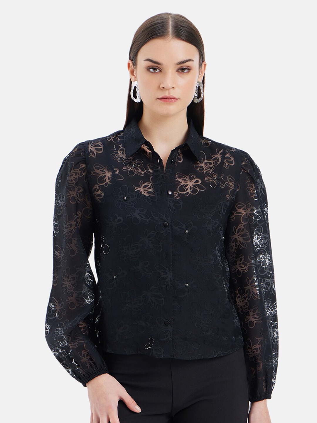 Kazo Shirt Collar Comfort Floral Self Design Casual Shirt, Black