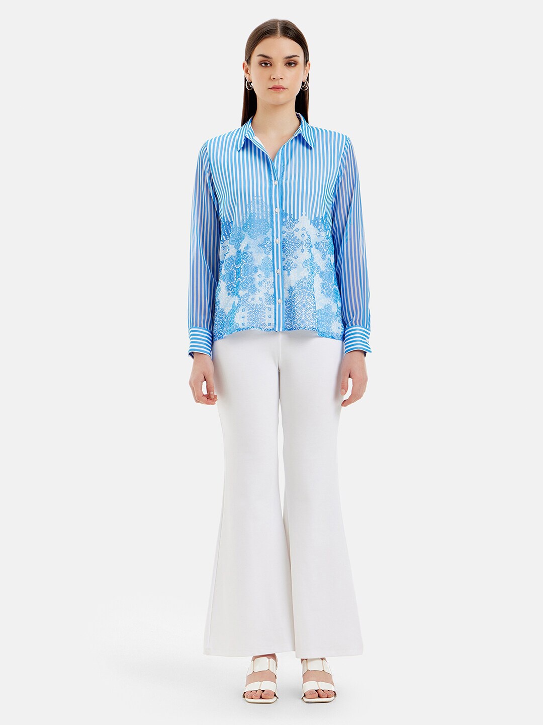 

Kazo Rachel Comfort Floral Printed Spread Collar Chiffon Casual Shirt, Blue