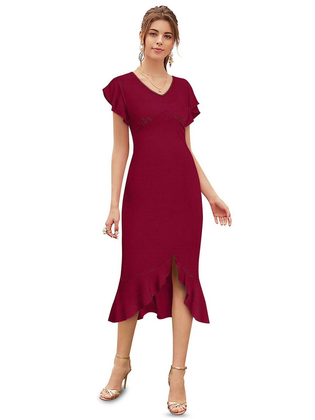 

ODETTE V-Neck Acrylic Sheath Midi Dress, Maroon