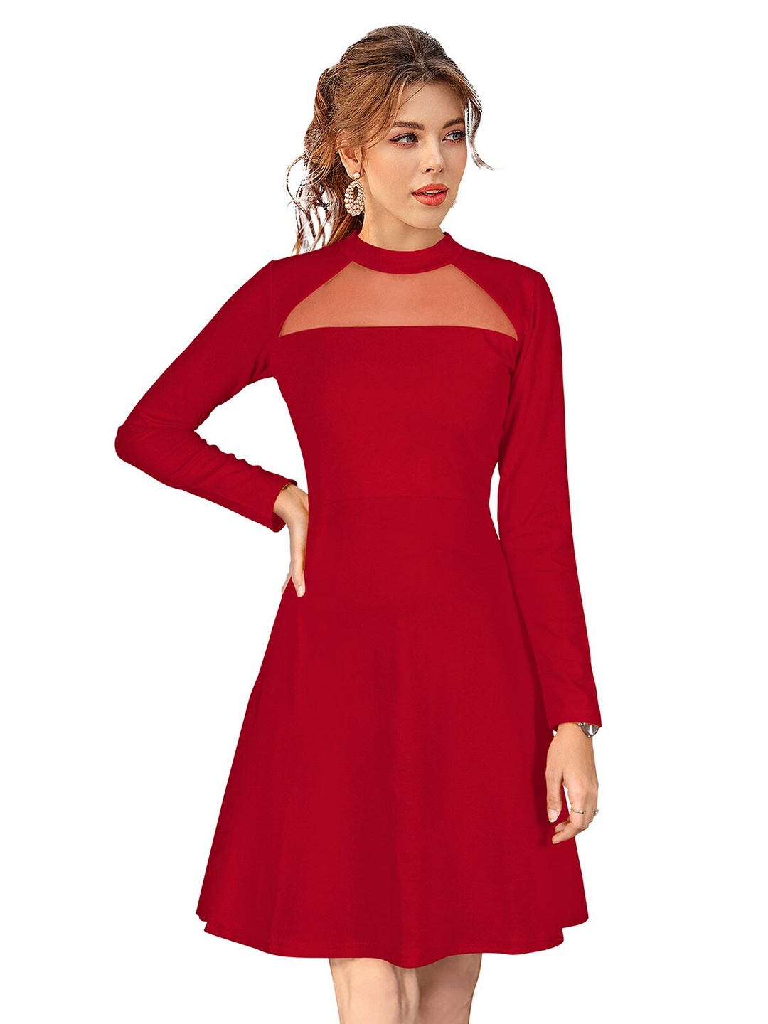 

ODETTE High Neck Acrylic Fit & Flare Dress, Red