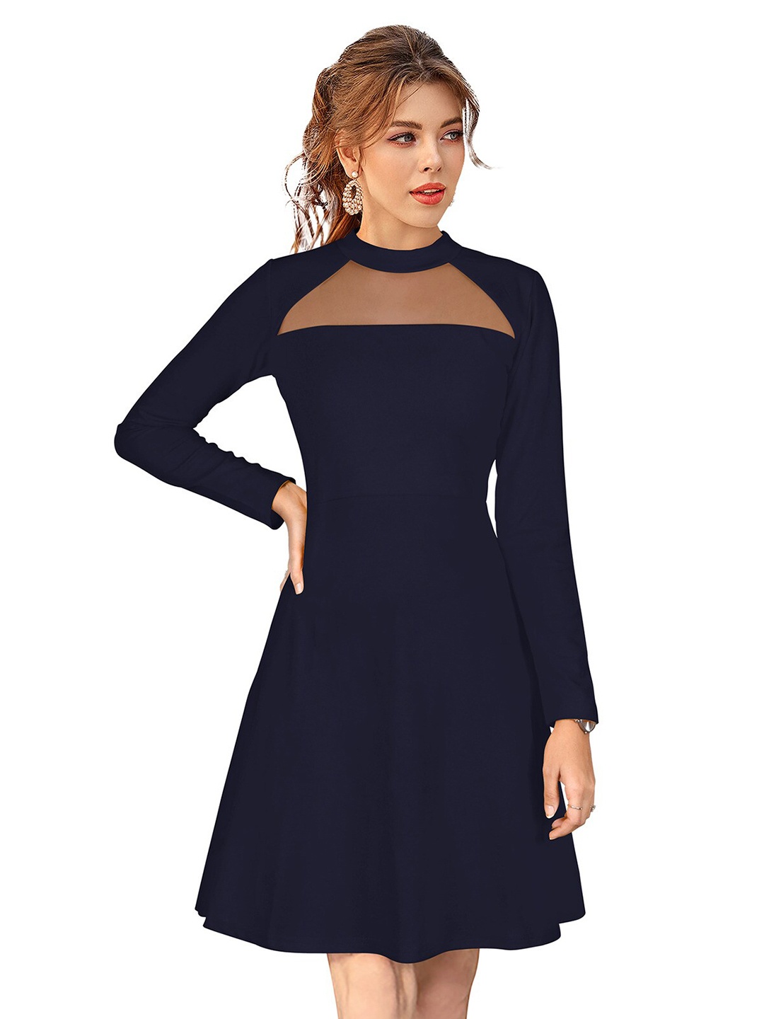 

ODETTE High Neck Acrylic Fit & Flare Dress, Navy blue