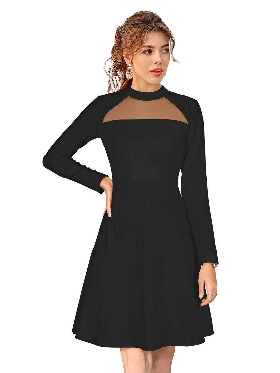 

ODETTE Long Sleeves Acrylic Fit & Flare Dress, Black