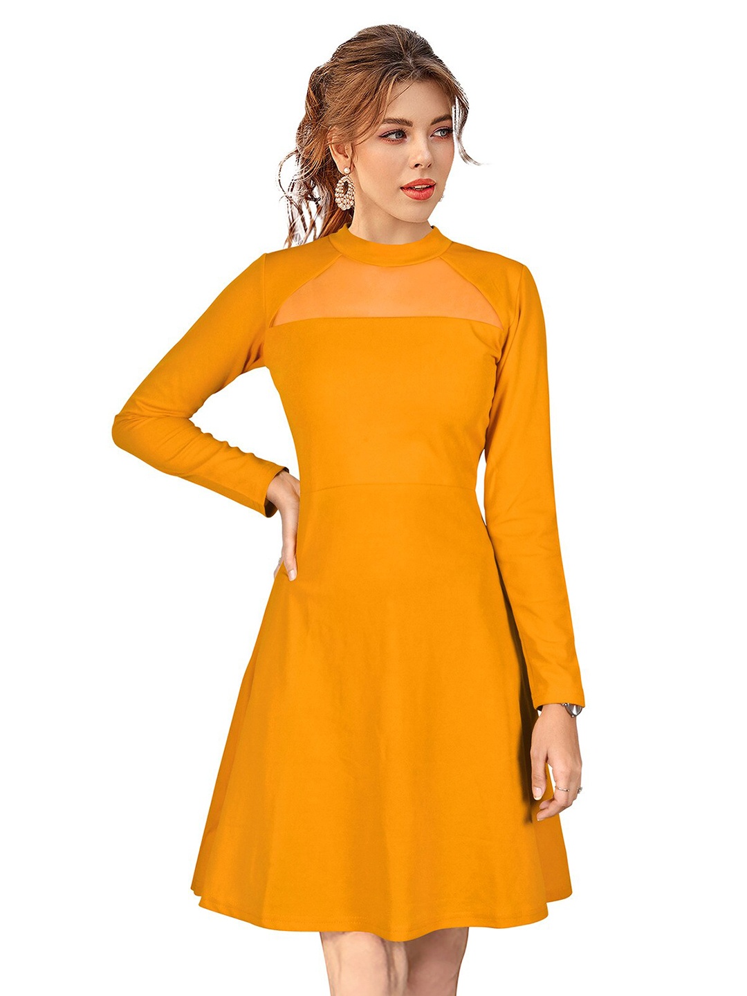 

ODETTE Long Sleeves High Neck A-Line Dress, Yellow