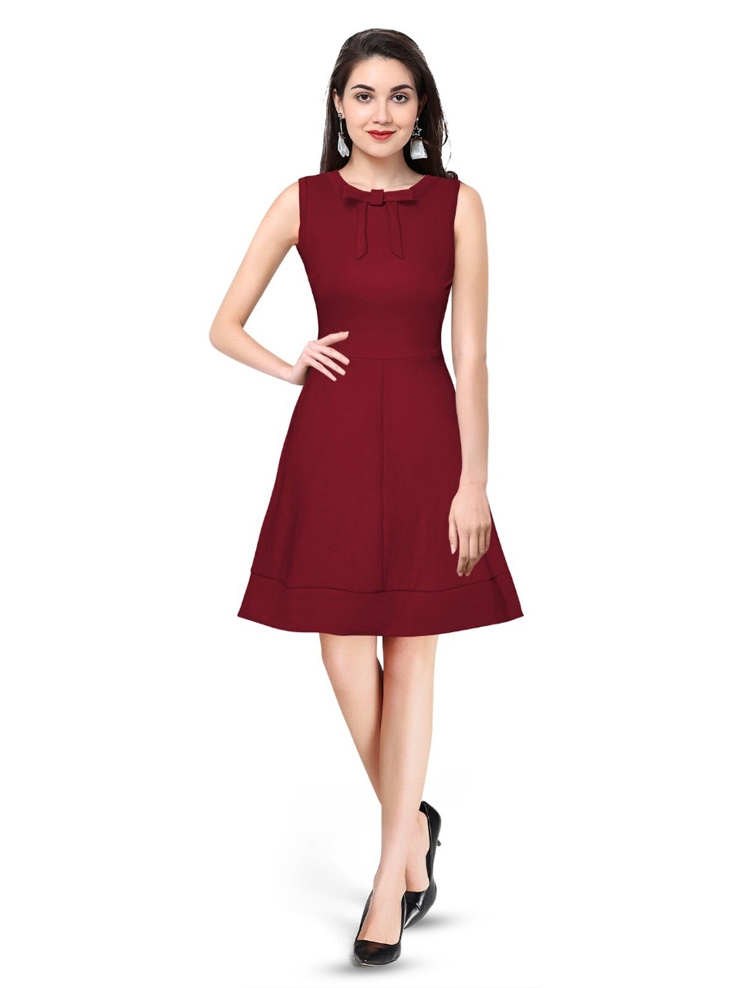 

ODETTE Round Neck Sleeveless Bow Fit & Flare Dress, Maroon