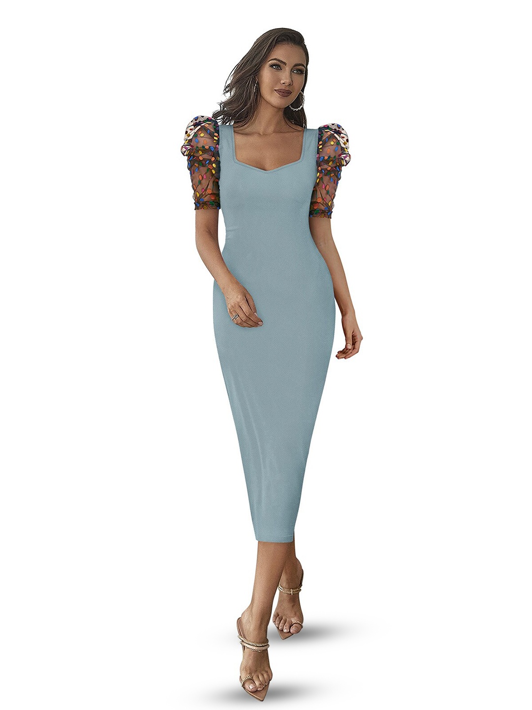 

ODETTE Sweetheart Neck Acrylic Bodycon Maxi Dress, Blue