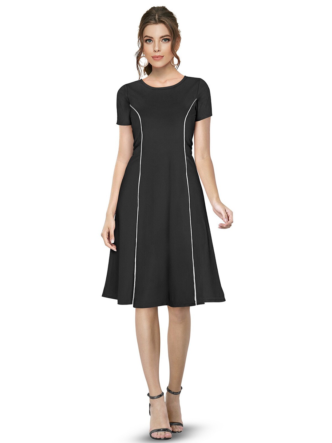 

ODETTE Round Neck A-Line Acrylic Dress, Black